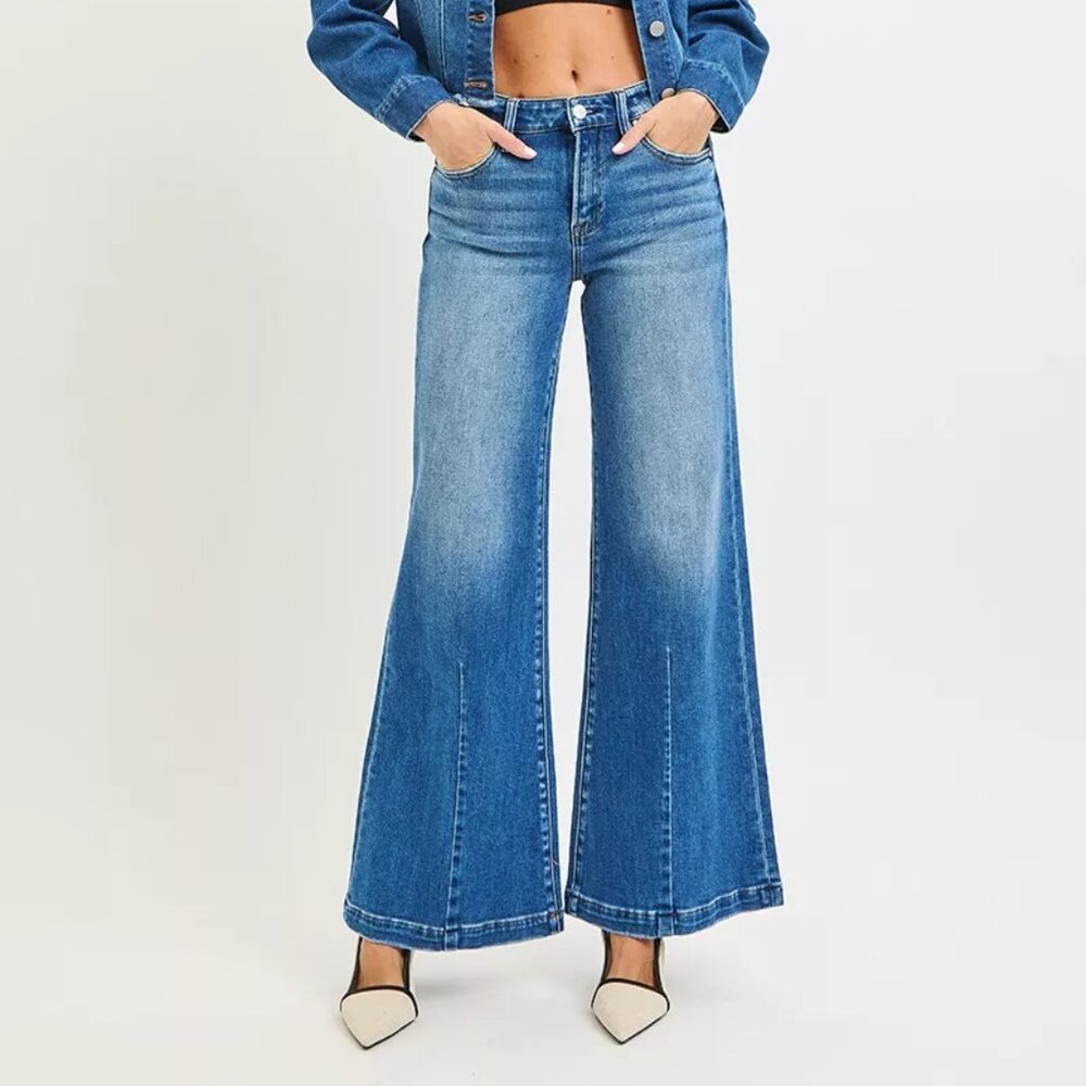 RISEN Full Size Mid Rise Wide Leg Jeans with Flared Look Plus Size - Picture 1 of 6